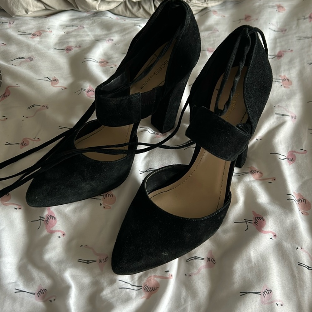 BCBGeneration Black Fabric Ankle Tie Heels - 8